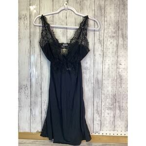 Art Renda Black Lace Trim Slip Dress - V-Neck Nightgown - Size L